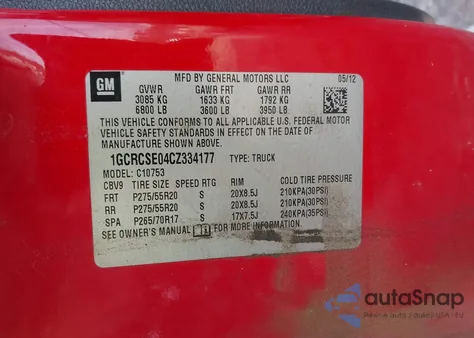 2012 Chevrolet Silverado 1500 Lt z USA, uszkodzony, nr VIN 1GCRCSE04CZ334177